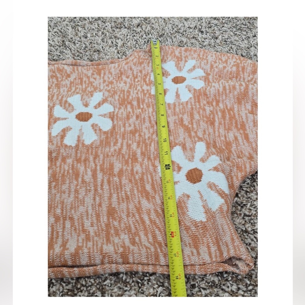 Boho Daisy Floral Cropped Sweater Orange White Retro Knit M - Picture 5 of 5